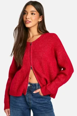 Cardigans*boohoo Fluffy Knitted Zip Up Bomber Cardigan red