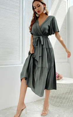 Wrap Dresses*FS Collection Flutter Sleeve Midi Wrap Dress In Green Khaki