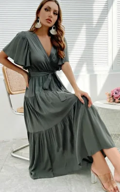 Wrap Dresses*FS Collection Flutter Sleeve Midi Wrap Dress In Green Khaki