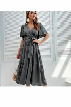 Wrap Dresses*FS Collection Flutter Sleeve Midi Wrap Dress In Green Khaki