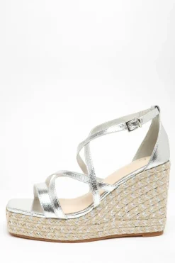Sandals*Quiz Foil Strappy Woven Wedges Silver