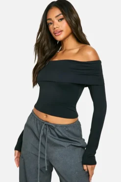Long Sleeve Tops|Tops*boohoo Fold Over Long Sleeve Top black
