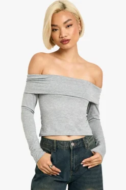 Long Sleeve Tops*boohoo Fold Over Long Sleeve Top grey marl