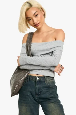 Long Sleeve Tops*boohoo Fold Over Long Sleeve Top grey marl