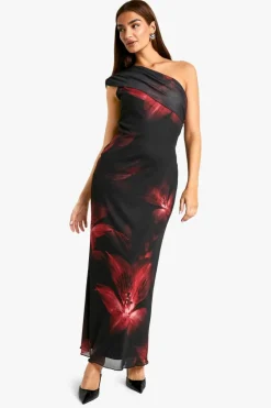 Maxi Dresses|Dresses*boohoo Fold Over One Shoulder Floral Mesh Maxi Dress black