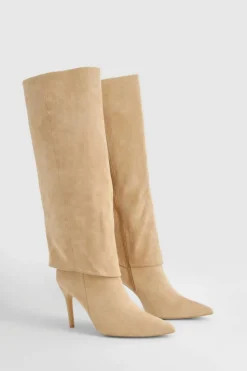Over The Knee Boots|Knee High Boots*boohoo Foldover Pointed Heeled Knee High Boots taupe