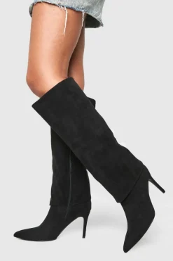 Over The Knee Boots|Knee High Boots*boohoo Foldover Pointed Heeled Knee High Boots black