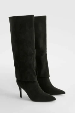 Over The Knee Boots|Knee High Boots*boohoo Foldover Pointed Heeled Knee High Boots black