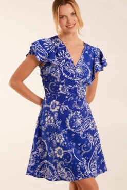 Wrap Dresses*Blue Vanilla Frill Sleeve Wrap Belted Mini Dress Blue