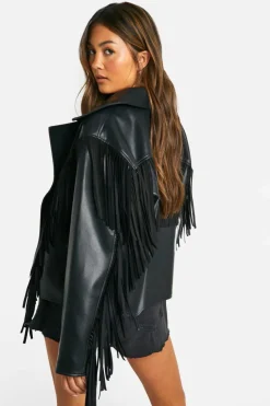 Up To 80% Off Winter Warmers|Biker Jackets*boohoo Fringe Detail Faux Leather Biker Jacket black