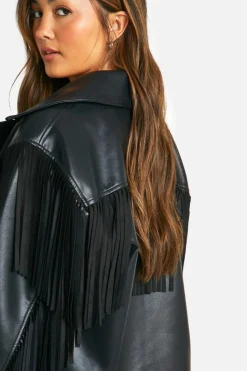 Up To 80% Off Winter Warmers|Biker Jackets*boohoo Fringe Detail Faux Leather Biker Jacket black