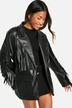 Up To 80% Off Winter Warmers|Faux Leather Jackets*boohoo Fringe Detail Faux Leather Belted Jacket black