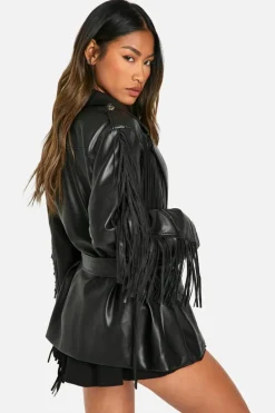 Up To 80% Off Winter Warmers|Faux Leather Jackets*boohoo Fringe Detail Faux Leather Belted Jacket black
