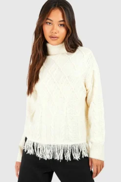 Oversized Jumpers|Up To 80% Off Winter Warmers*boohoo Fringe Hem Roll Neck Cable Knit Jumper ivory