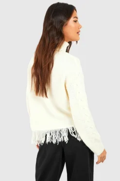 Oversized Jumpers|Up To 80% Off Winter Warmers*boohoo Fringe Hem Roll Neck Cable Knit Jumper ivory