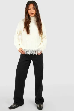 Oversized Jumpers|Up To 80% Off Winter Warmers*boohoo Fringe Hem Roll Neck Cable Knit Jumper ivory