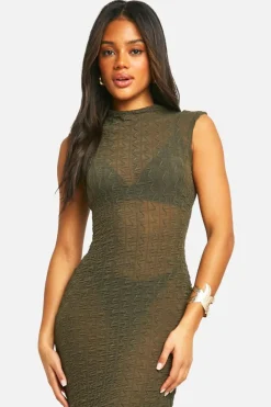 Bodycon Dresses*boohoo Funnel Neck Textured Cap Sleeve Midaxi Dress khaki