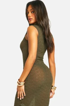 Bodycon Dresses*boohoo Funnel Neck Textured Cap Sleeve Midaxi Dress khaki