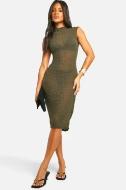 Bodycon Dresses*boohoo Funnel Neck Textured Cap Sleeve Midaxi Dress khaki