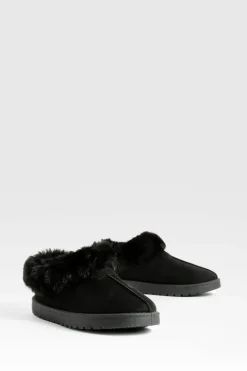Cosy Boots*boohoo Fur Trim Cosy Mules black