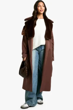 Up To 80% Off Winter Warmers|Trench Coats*boohoo Fur Trim Trench Coat chocolate