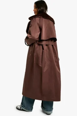 Up To 80% Off Winter Warmers|Trench Coats*boohoo Fur Trim Trench Coat chocolate