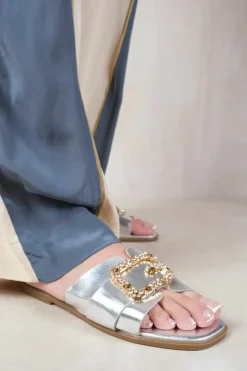 Sandals*Where's That From Galaxy' Cut Out Strap Flat Sandals With Diamante Detail Silver