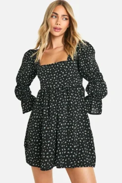 Smock Dresses|Skater Dresses*boohoo Gathered Puff Sleeve Smock Dress black