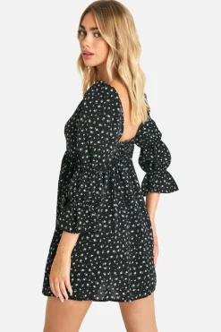 Smock Dresses|Skater Dresses*boohoo Gathered Puff Sleeve Smock Dress black