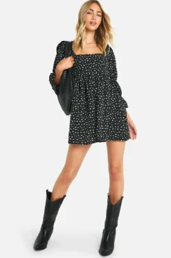 Smock Dresses|Skater Dresses*boohoo Gathered Puff Sleeve Smock Dress black
