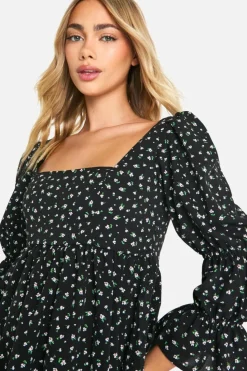 Smock Dresses|Skater Dresses*boohoo Gathered Puff Sleeve Smock Dress black