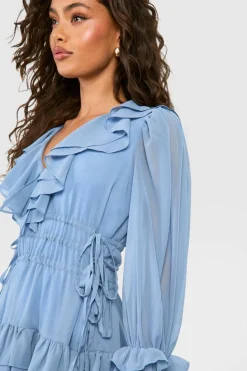 Smock Dresses*boohoo Gathered Waist Ruffle Detail Skater Dress dusty blue