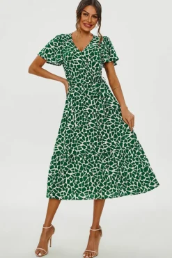 Wrap Dresses*FS Collection Geo Print Hem Tiered Wrap Midi Dress In Green