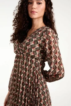 Wrap Dresses*Blue Vanilla Geo Print Wrap Front Pleated Dress Khaki