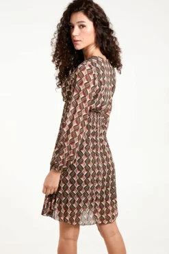 Wrap Dresses*Blue Vanilla Geo Print Wrap Front Pleated Dress Khaki