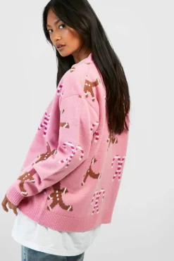 Cardigans*boohoo Gingerbread And Candy Cane Christmas Cardigan baby pink