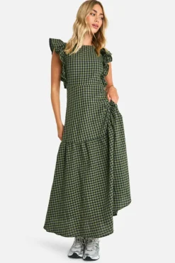 Smock Dresses*boohoo Gingham Frill Sleeve Smock Midaxi Dress khaki