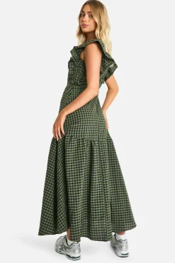 Smock Dresses*boohoo Gingham Frill Sleeve Smock Midaxi Dress khaki