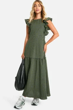 Smock Dresses*boohoo Gingham Frill Sleeve Smock Midaxi Dress khaki