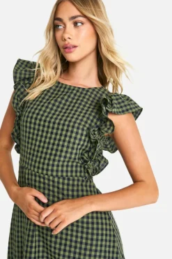 Smock Dresses*boohoo Gingham Frill Sleeve Smock Midaxi Dress khaki