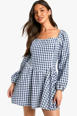 Skater Dresses*boohoo Gingham Long Sleeve Mini Dress navy