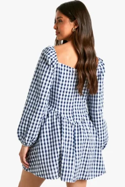 Skater Dresses*boohoo Gingham Long Sleeve Mini Dress navy