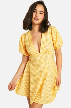 Smock Dresses*boohoo Gingham Puff Sleeve Smock Dress yellow