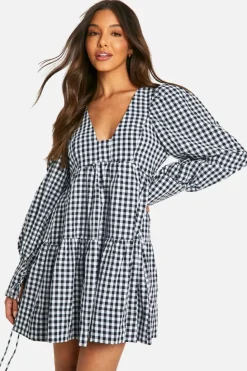 Smock Dresses*boohoo Gingham Puff Sleeve Tiered Smock Dress black