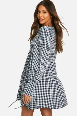Smock Dresses*boohoo Gingham Puff Sleeve Tiered Smock Dress black