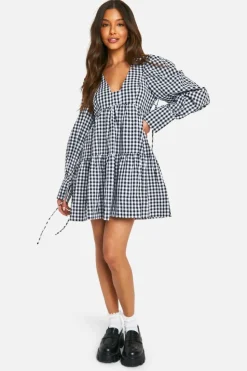 Smock Dresses*boohoo Gingham Puff Sleeve Tiered Smock Dress black