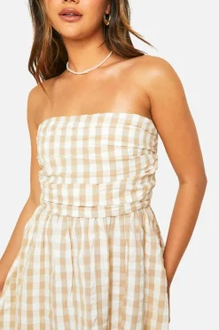Smock Dresses*boohoo Gingham Ruched Bandeau Dress stone