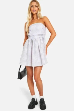 Smock Dresses*boohoo Gingham Ruched Bandeau Mini Dress lilac