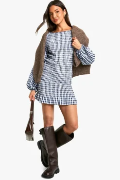 Bodycon Dresses*boohoo Gingham Shirred Long Sleeve Mini Dress navy