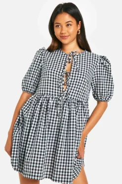 Smock Dresses*boohoo Gingham Tie Front Mini Dress black